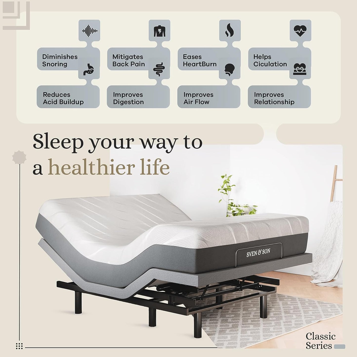 Sven & Son Queen Adjustable Bed Base Frame + 10” Luxury Cool Gel Memory Foam Mattress, Head up Foot Up, USB Ports, Zero Gravity, Interactive Dual Massage, Wireless, Classic (Queen)